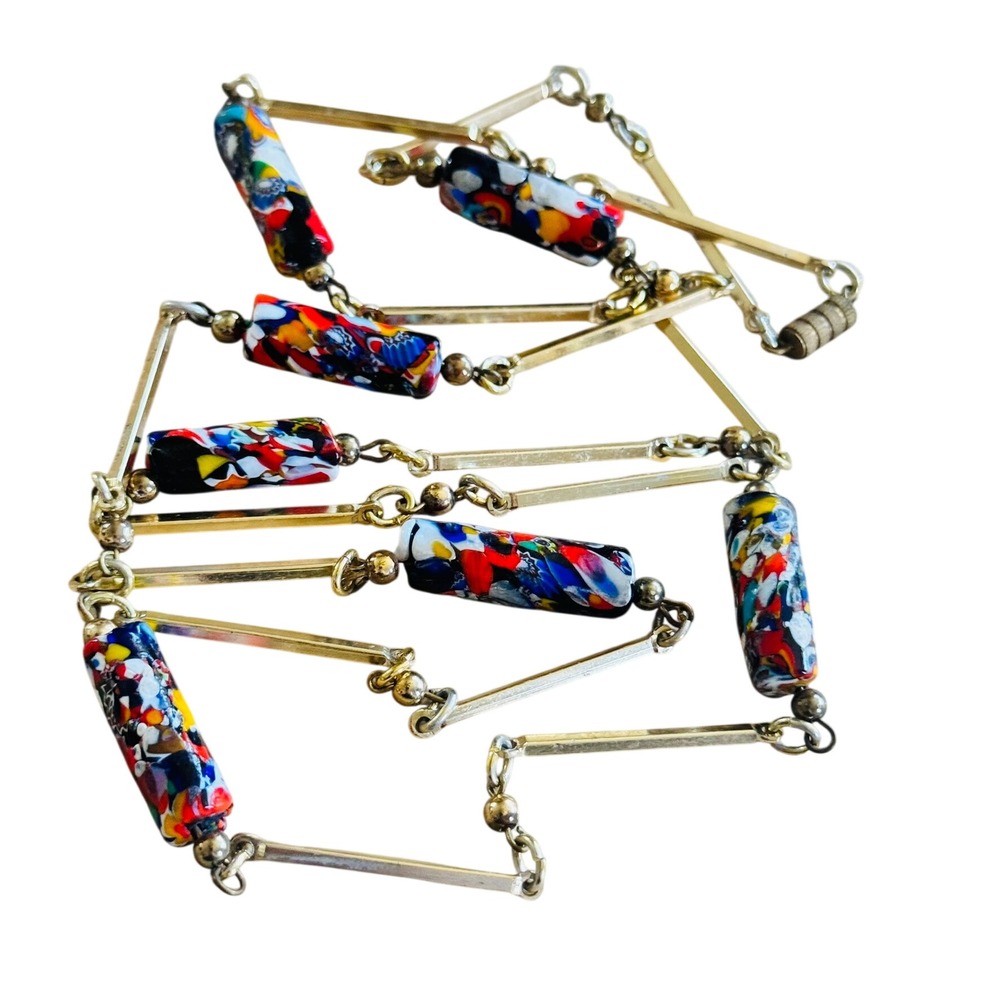 VTG Art Deco Necklace Venetian Glass Murano Millefiori Beads Colorful Italy 34"